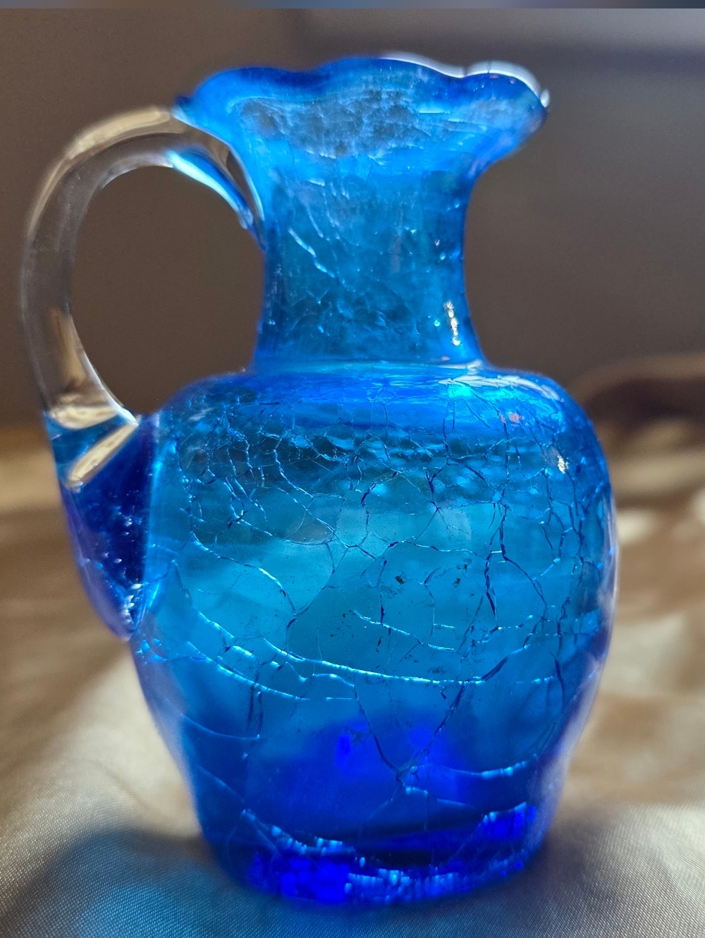 Small Vintage Hand-Blown Cobalt Blue Crackle Glass Pitcher Vase - Picture 4 of 10